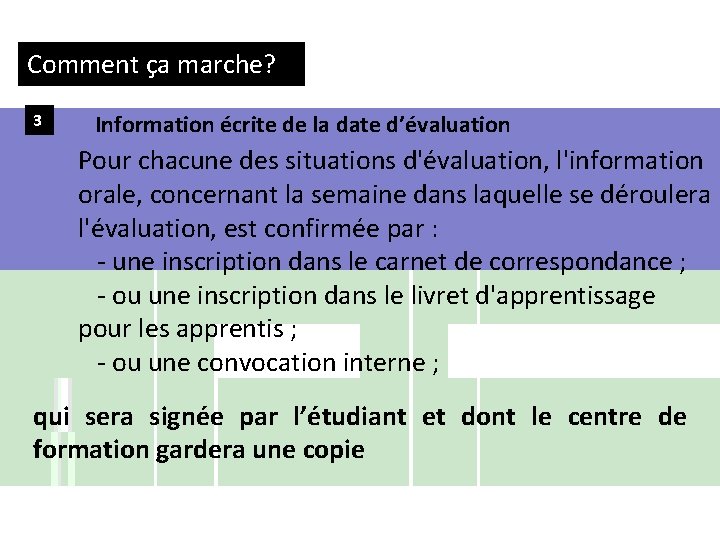 Comment ça marche? 3 Information écrite de la date d’évaluation Pour chacune des situations