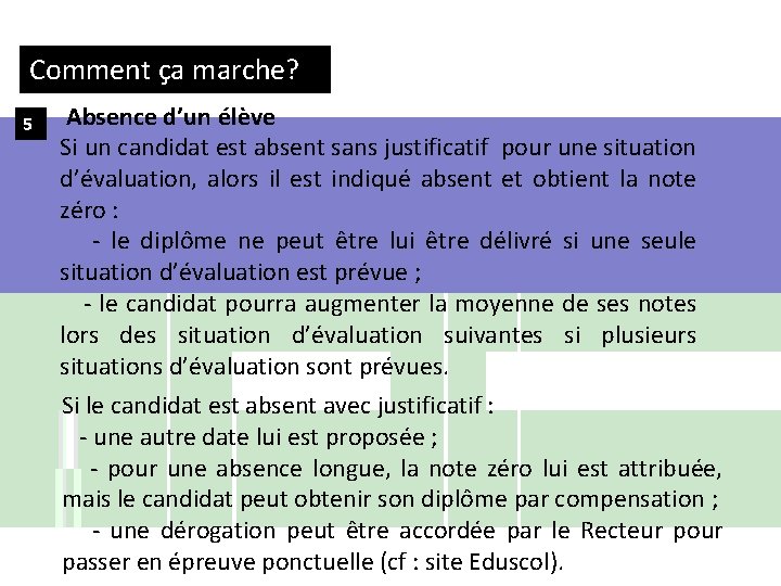 Comment ça marche? 5 Absence d’un élève Si un candidat est absent sans justificatif