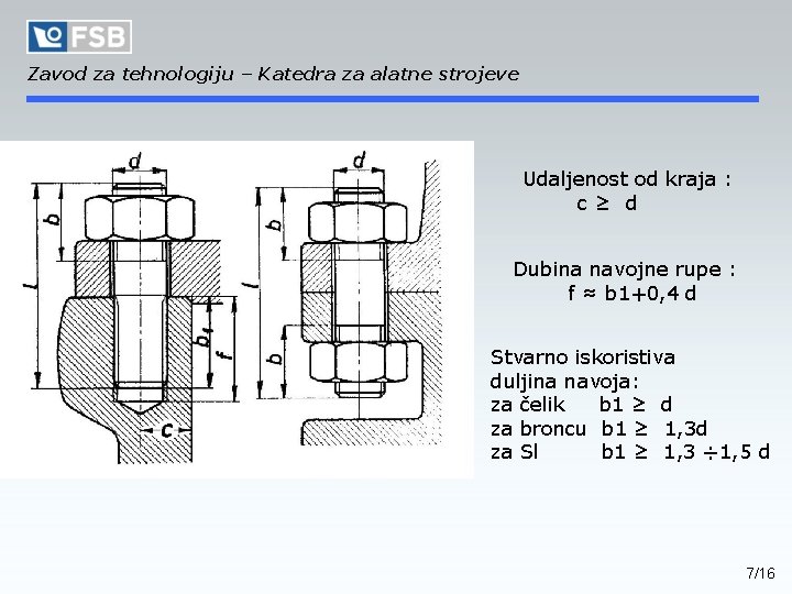 Zavod za tehnologiju – Katedra za alatne strojeve Udaljenost od kraja : c≥ d