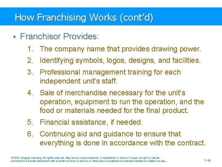 How Franchising Works (cont’d) • Franchisor Provides: 1. The company name that provides drawing
