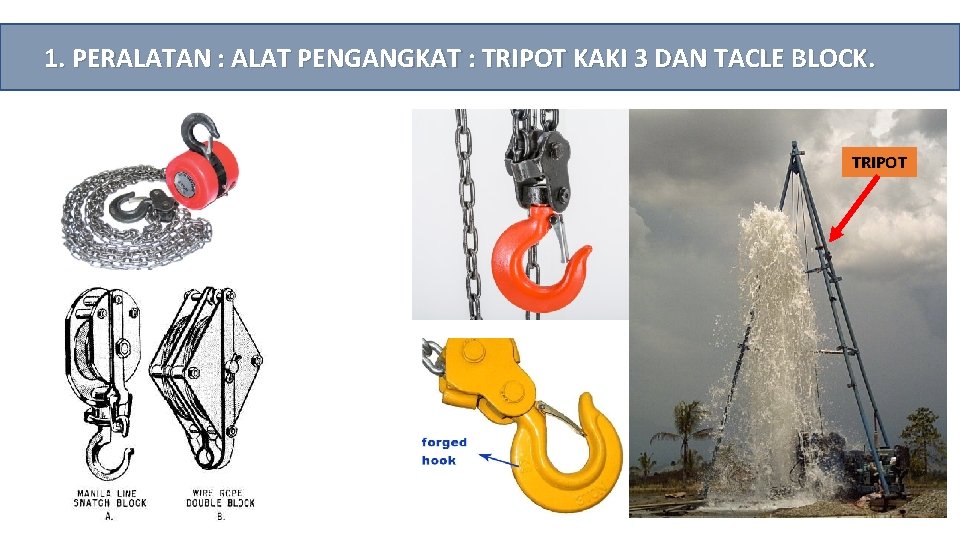 1. PERALATAN : ALAT PENGANGKAT : TRIPOT KAKI 3 DAN TACLE BLOCK. TRIPOT 