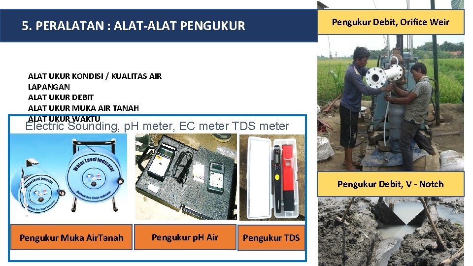 5. PERALATAN : ALAT-ALAT PENGUKUR Pengukur Debit, Orifice Weir ALAT UKUR KONDISI / KUALITAS