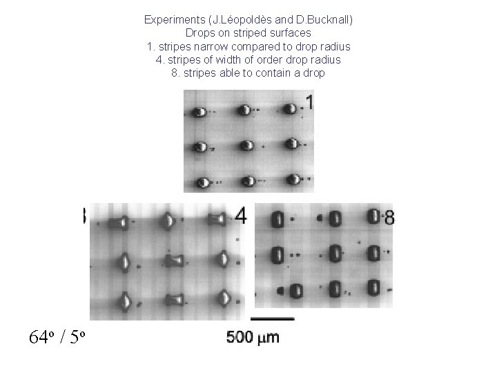 Experiments (J. Léopoldès and D. Bucknall) Drops on striped surfaces 1. stripes narrow compared