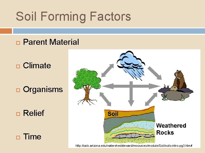 Soil Forming Factors Parent Material Climate Organisms Relief Time http: //cals. arizona. edu/watershedsteward/resources/module/Soil/soils-intro-pg 3.