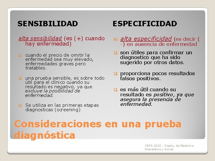 SENSIBILIDAD ESPECIFICIDAD alta sensibilidad (es (+) cuando hay enfermedad) alta especificidad (es decir ( SENSIBILIDAD ESPECIFICIDAD alta sensibilidad (es (+) cuando hay enfermedad) alta especificidad (es decir (