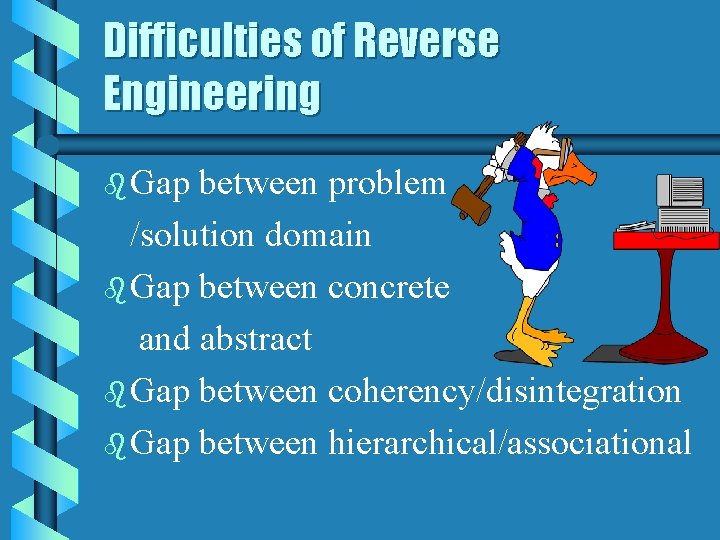 Difficulties of Reverse Engineering b Gap between problem /solution domain b Gap between concrete