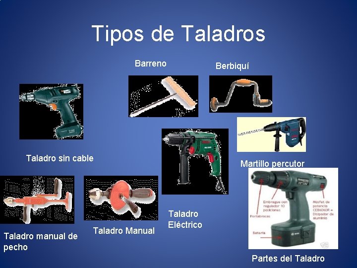 Tipos de Taladros Barreno Berbiquí Taladro sin cable Taladro manual de pecho Taladro Manual