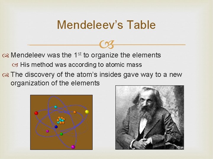 Mendeleev’s Table Mendeleev was the 1 st to organize the elements His method was