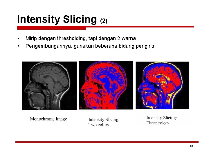 Intensity Slicing (2) • • Mirip dengan thresholding, tapi dengan 2 warna Pengembangannya: gunakan