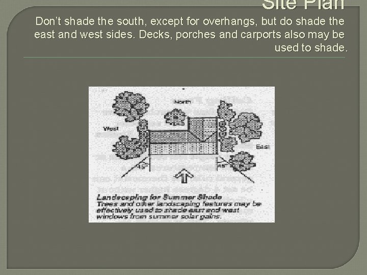 Site Plan Don’t shade the south, except for overhangs, but do shade the east