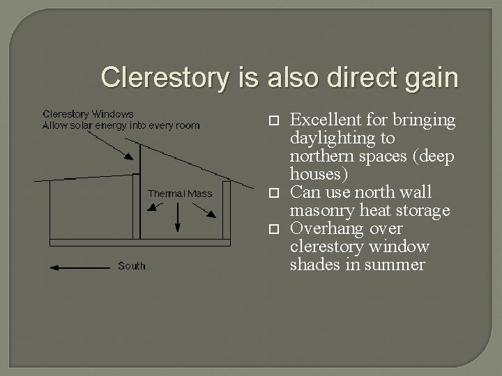 Clerestory is also direct gain Excellent for bringing daylighting to northern spaces (deep houses)