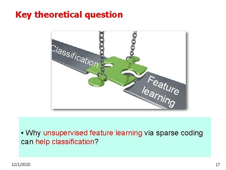 Key theoretical question Cla ss ifica tion Fea lea ture rnin g • Why