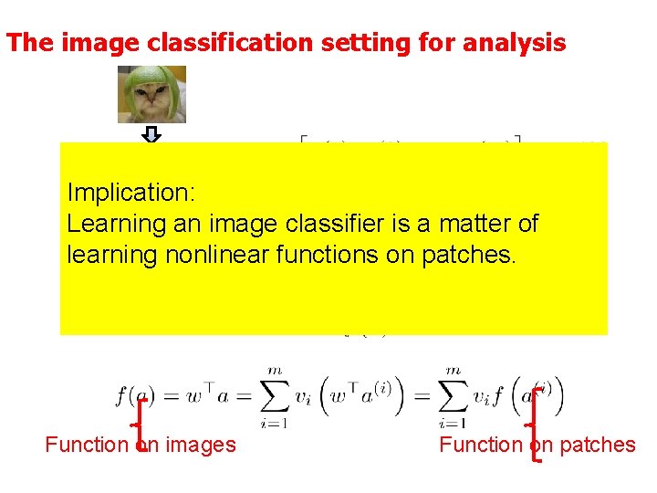 The image classification setting for analysis Dense local feature Implication: Sparse Coding Learning an
