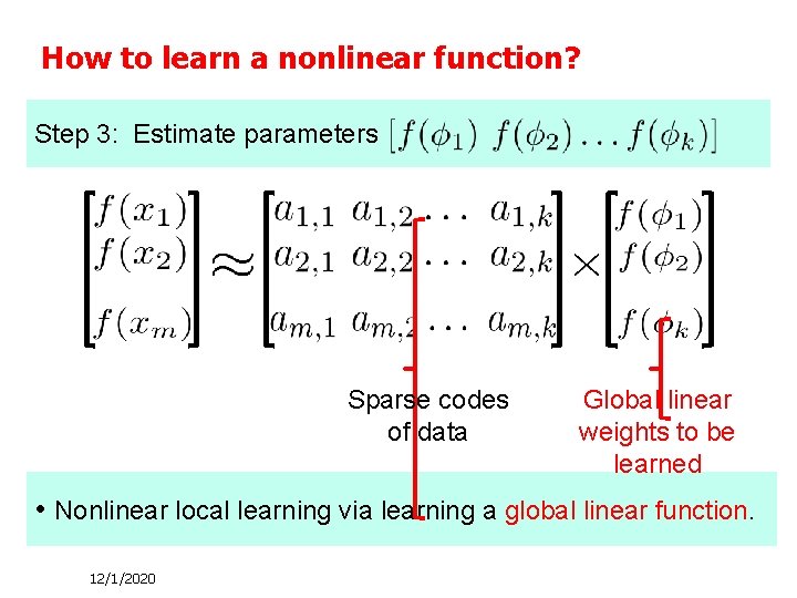 How to learn a nonlinear function? Step 3: Estimate parameters Sparse codes of data