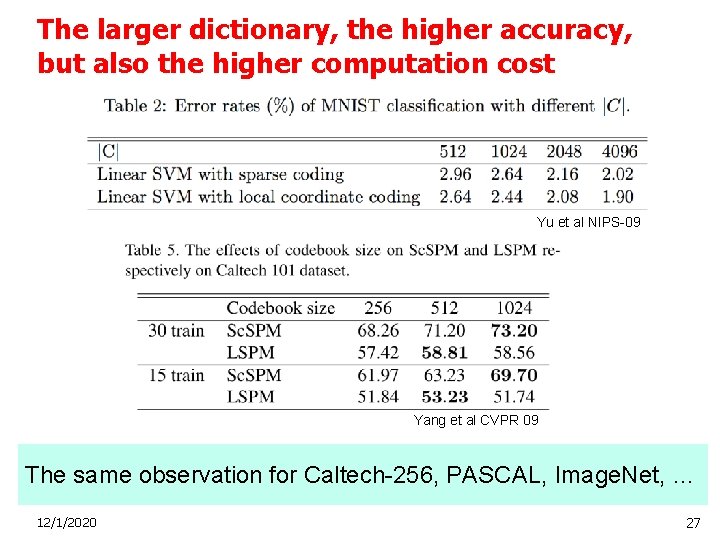 The larger dictionary, the higher accuracy, but also the higher computation cost Yu et