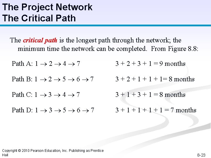 The Project Network The Critical Path The critical path is the longest path through