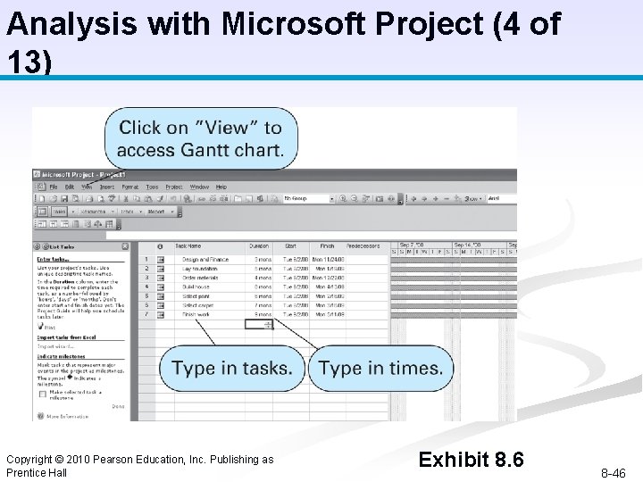 Analysis with Microsoft Project (4 of 13) Copyright © 2010 Pearson Education, Inc. Publishing