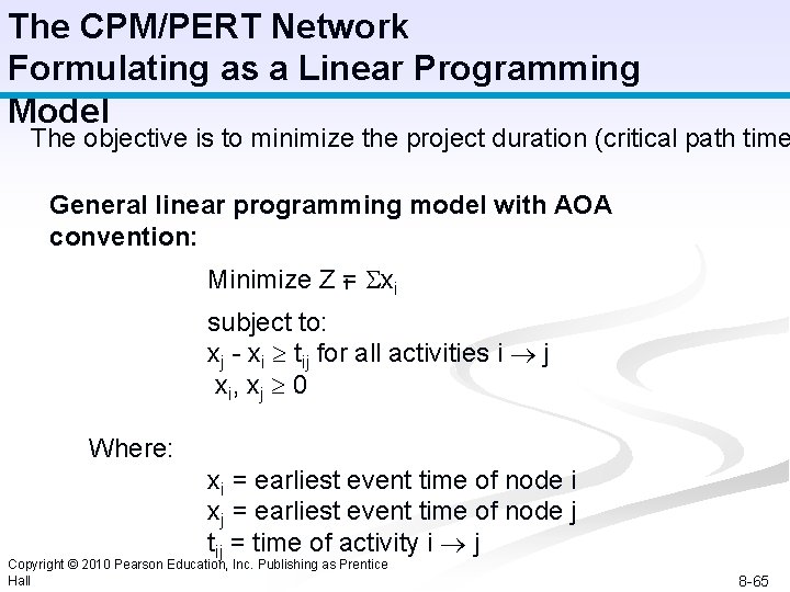 The CPM/PERT Network Formulating as a Linear Programming Model The objective is to minimize