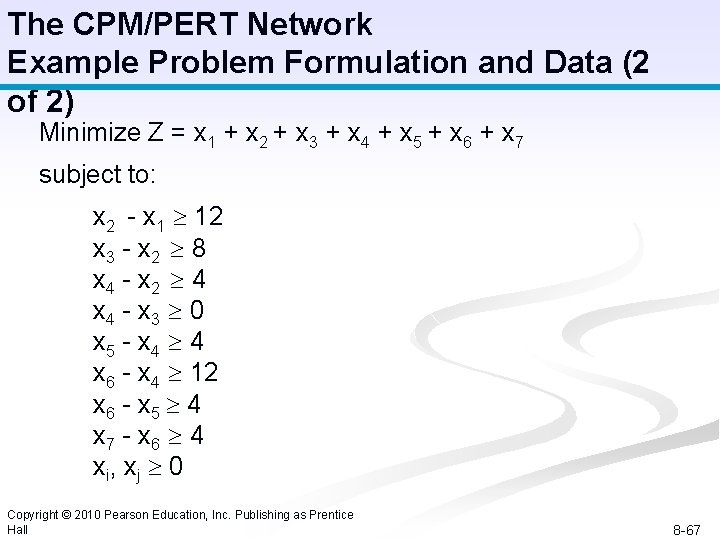 The CPM/PERT Network Example Problem Formulation and Data (2 of 2) Minimize Z =