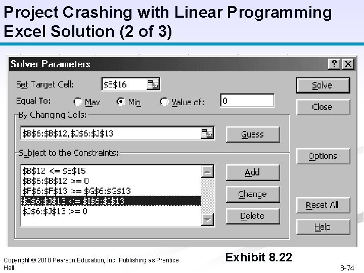 Project Crashing with Linear Programming Excel Solution (2 of 3) Copyright © 2010 Pearson