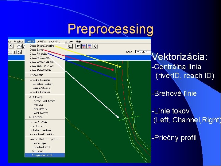 Preprocessing Vektorizácia: -Centrálna línia (river. ID, reach ID) -Brehové línie -Línie tokov (Left, Channel, Preprocessing Vektorizácia: -Centrálna línia (river. ID, reach ID) -Brehové línie -Línie tokov (Left, Channel,