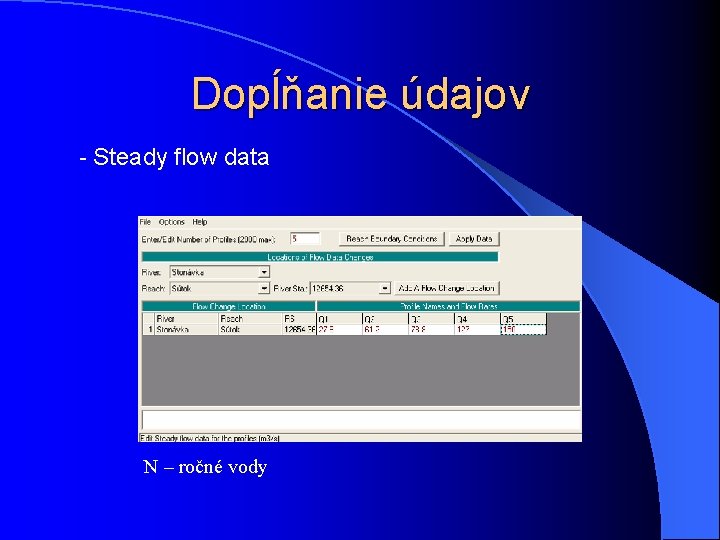 Dopĺňanie údajov - Steady flow data N – ročné vody Dopĺňanie údajov - Steady flow data N – ročné vody