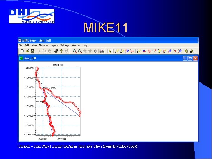 MIKE 11 Obrázok – Okno Mike 11 Horný pohľad na sútok riek Olše a MIKE 11 Obrázok – Okno Mike 11 Horný pohľad na sútok riek Olše a