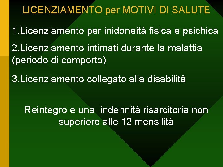 LICENZIAMENTO per MOTIVI DI SALUTE 1. Licenziamento per inidoneità fisica e psichica 2. Licenziamento