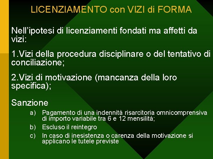 LICENZIAMENTO con VIZI di FORMA Nell’ipotesi di licenziamenti fondati ma affetti da vizi: 1.