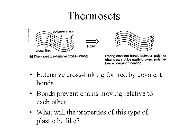 Thermosets • Extensive cross-linking formed by covalent bonds. • Bonds prevent chains moving relative