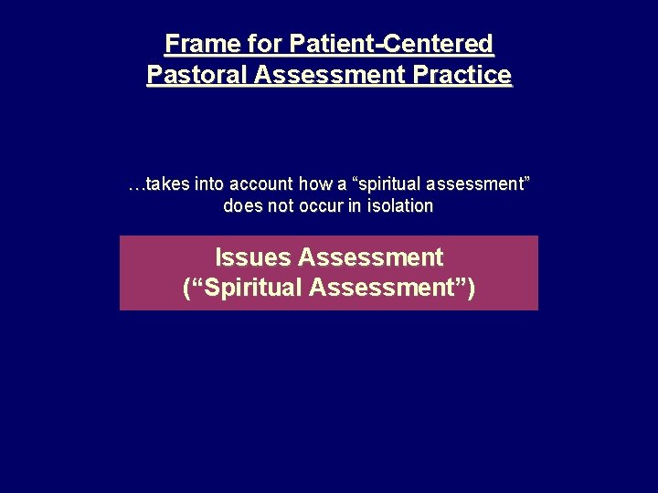 Frame for Patient-Centered Pastoral Assessment Practice …takes into account how a “spiritual assessment” does