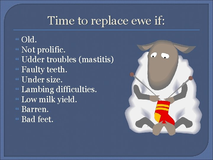 Time to replace ewe if: Old. Not prolific. Udder troubles (mastitis) Faulty teeth. Under