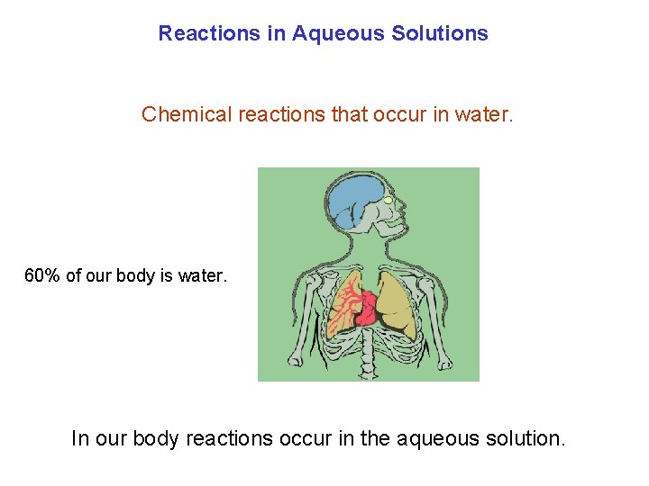 Reactions in Aqueous Solutions Chemical reactions that occur in water. 60% of our body