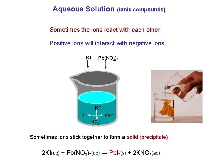 Aqueous Solution (ionic compounds) Sometimes the ions react with each other. Positive ions will