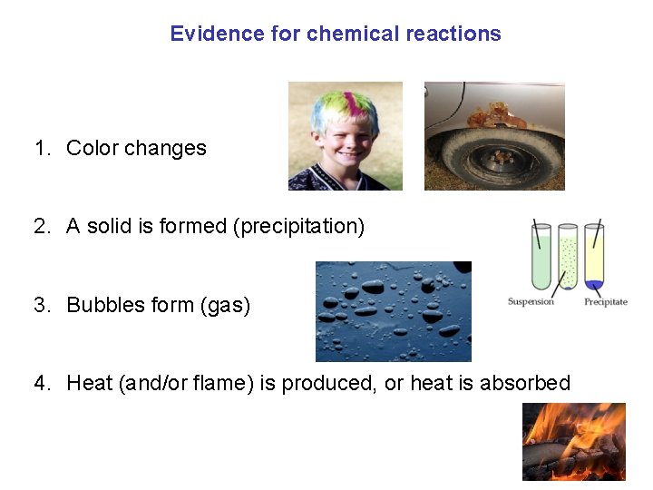 Evidence for chemical reactions 1. Color changes 2. A solid is formed (precipitation) 3.