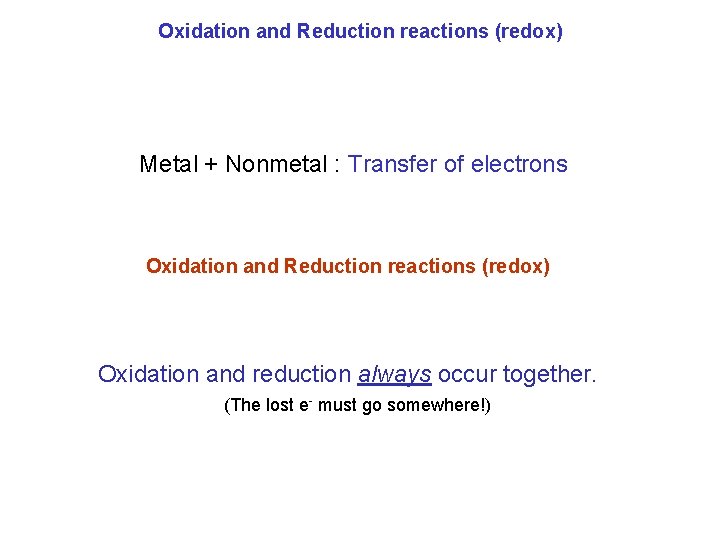 Oxidation and Reduction reactions (redox) Metal + Nonmetal : Transfer of electrons Oxidation and