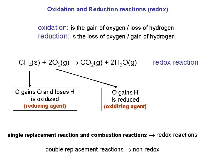 Oxidation and Reduction reactions (redox) oxidation: is the gain of oxygen / loss of
