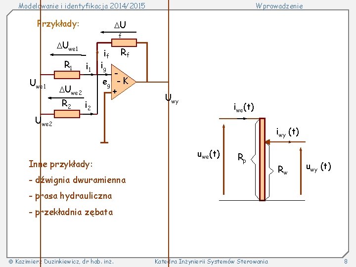 Modelowanie i identyfikacja 2014/2015 Przykłady: U f Uwe 1 R 1 Uwe 1 i