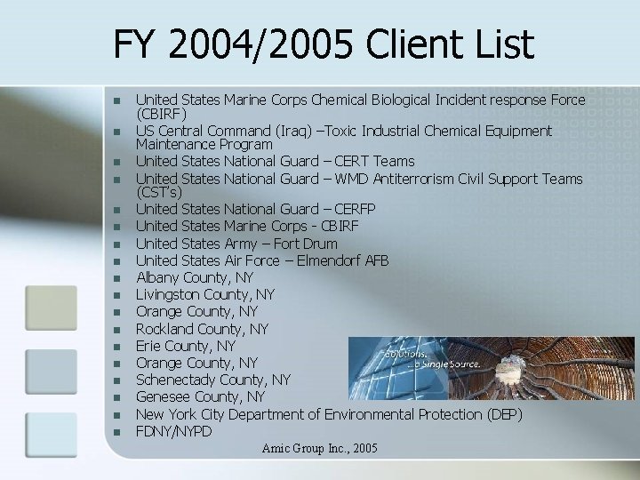 FY 2004/2005 Client List n n n n n United States Marine Corps Chemical