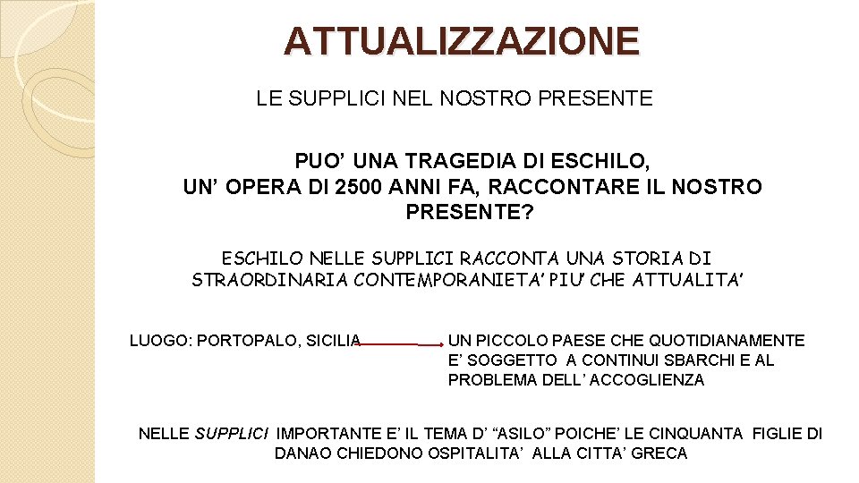 ATTUALIZZAZIONE LE SUPPLICI NEL NOSTRO PRESENTE PUO’ UNA TRAGEDIA DI ESCHILO, UN’ OPERA DI