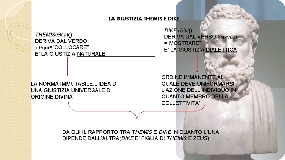 LA GIUSTIZIA: THEMIS E DIKE THEMIS(Θέμις) DERIVA DAL VERBO τιθημι=“COLLOCARE” E’ LA GIUSTIZIA NATURALE