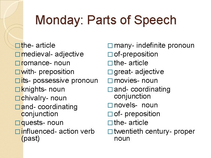 Monday: Parts of Speech � the- article � medieval- adjective � romance- noun �