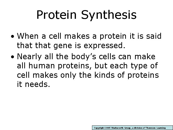 Protein Synthesis • When a cell makes a protein it is said that gene