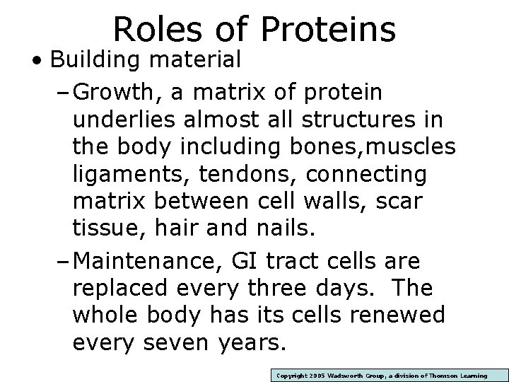 Roles of Proteins • Building material – Growth, a matrix of protein underlies almost