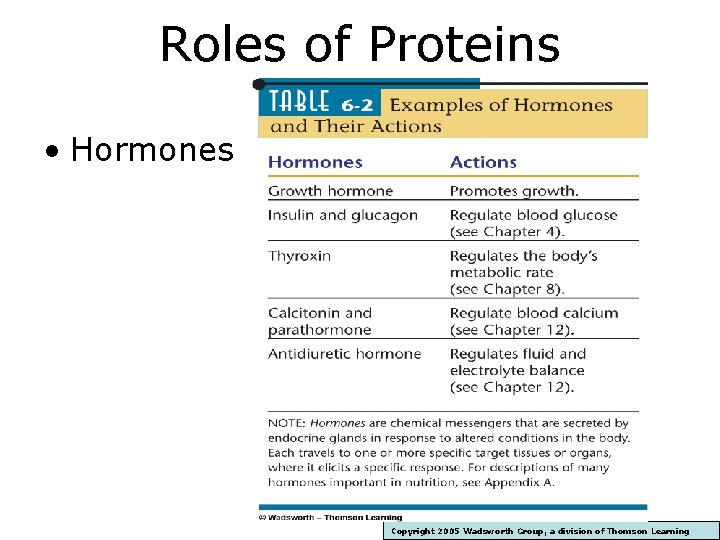 Roles of Proteins • Hormones Copyright 2005 Wadsworth Group, a division of Thomson Learning