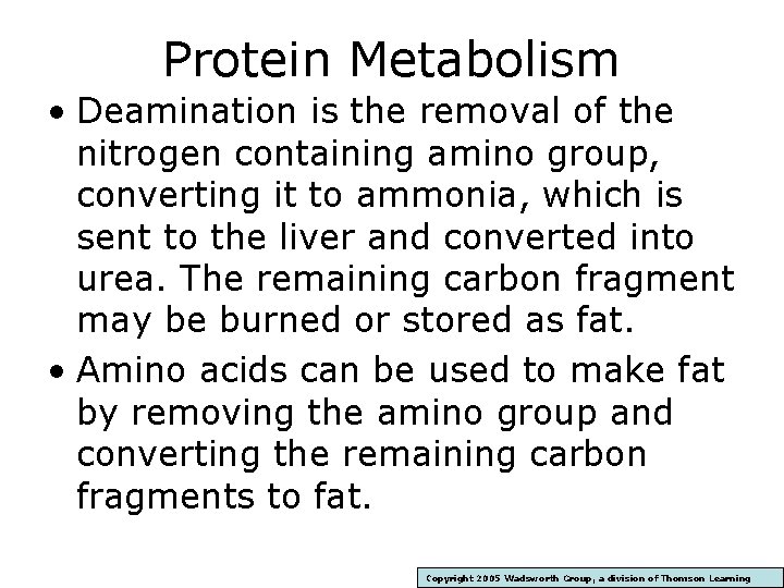 Protein Metabolism • Deamination is the removal of the nitrogen containing amino group, converting