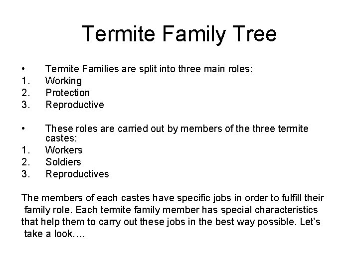 Termite Family Tree • 1. 2. 3. Termite Families are split into three main