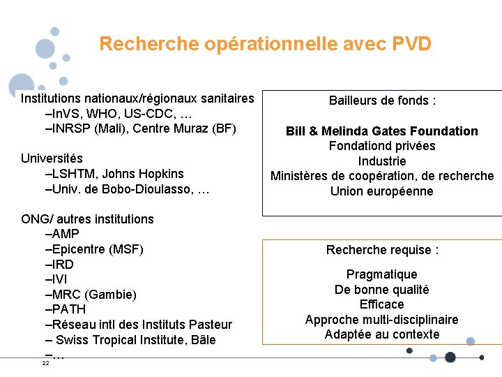 Recherche opérationnelle avec PVD Institutions nationaux/régionaux sanitaires –In. VS, WHO, US-CDC, … –INRSP (Mali),