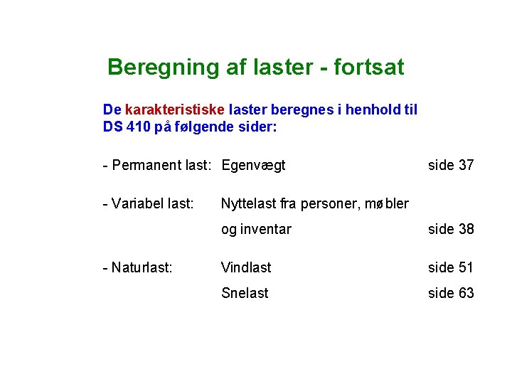 Beregning af laster - fortsat De karakteristiske laster beregnes i henhold til DS 410 Beregning af laster - fortsat De karakteristiske laster beregnes i henhold til DS 410