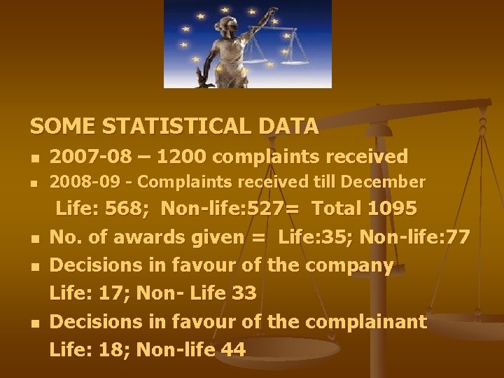 SOME STATISTICAL DATA n 2007 -08 – 1200 complaints received n 2008 -09 -
